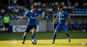 サッカーの試合中に、パスの出し手と受け手がアイコンタクトを交わしている写真。