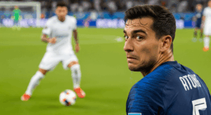 サッカーの試合中、ドリブルで相手選手に抜き去られて悔しそうな表情を浮かべるディフェンダーの写真。