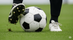 サッカーボールをインサイドとアウトサイドで交互にタッチする足元のクローズアップ写真。