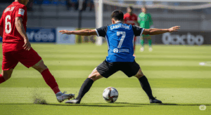 相手に背を向け、体全体を使ってボールを隠しながらキープするサッカー選手。