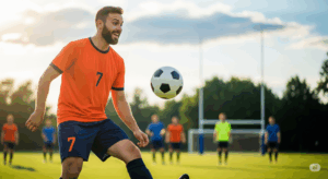 週末サッカーで、自信を持って味方からのパスをトラップしようとしている選手のポジティブな写真。
