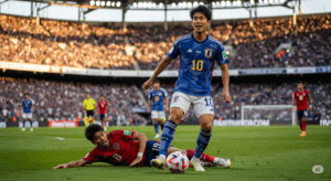 コントロールオリエンタードで相手を置き去りにし、前を向いてチャンスを演出した日本人選手が、満足げな表情を浮かべている写真。