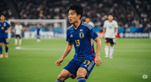 中盤にいる日本人選手が、ボールを受ける直前に素早く首を振り、ピッチ全体の状況を確認している写真。