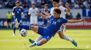 中盤で相手選手のドリブルに対し、激しくもクリーンなタックルでボールを奪い取る日本人ボランチの写真。