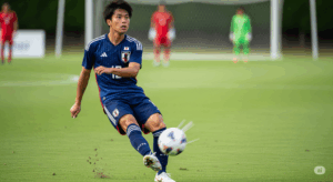 自陣深くでボールを持った日本人ボランチが、顔を上げて前線へ向けて正確なロングパスを供給する瞬間の写真。