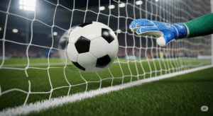 サッカーボールが、ゴールキーパーの伸ばした手のわずか先を抜け、ゴールラインを割る決定的な瞬間のクローズアップ写真。