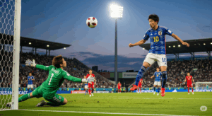 前に飛び出してきたゴールキーパーの頭上を、ふわりとしたループシュートで抜き去る日本人選手のテクニカルな写真。
