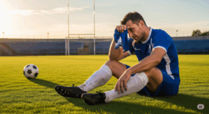 週末のサッカーの試合後、少し疲れた表情でピッチに座り込んでいる30代の選手の写真。