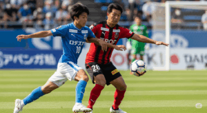 J2の試合で、若手選手が経験豊富なベテラン選手に果敢に挑んでいく象-徴的な写真。