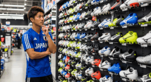 たくさんの種類があるサッカースパイクの中から、自分に合った一足を選ぼうとしている日本人の写真。