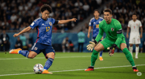ゴール前でシュートを打とうとする日本人FWと、冷静にコースを予測しようとするGKが対峙している緊迫した写真。