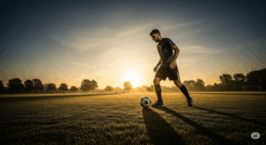 早朝のグラウンドで、一人黙々と自主練に励むサッカー選手の写真。