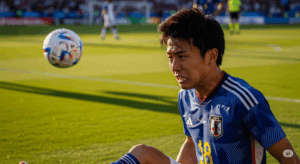 サッカーの試合中、絶好のチャンスに逆足でシュートを打てず、悔しそうな表情を浮かべる日本人選手の写真。