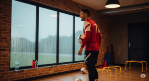 窓の外で雨が降る中、室内でサッカーボールと共にトレーニングの準備をする選手の写真。
