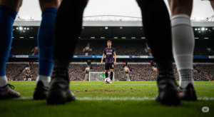サッカーの試合で、ゴール前の絶好の位置でフリーキックを蹴る直前の、緊張感あふれる写真。