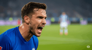 サッカーの試合中、一人の選手がチームメイトに何かを伝えようと、大きな声で指示を出している写真。