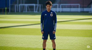 練習前のグラウンドで、ボールを足元に置き、静かに目を閉じて集中力を高めている日本人選手の写真。