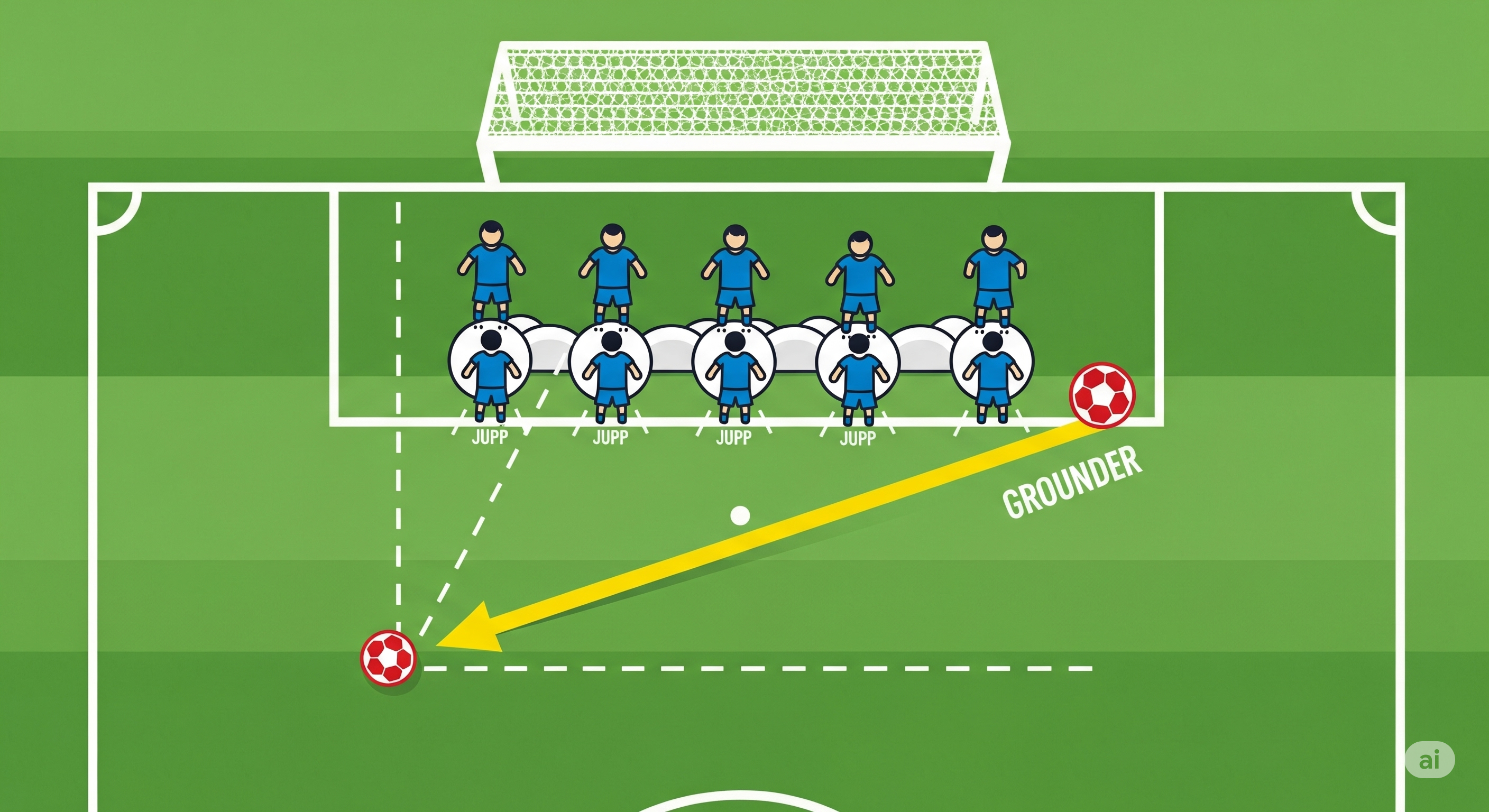 フリーキックの場面で、壁の選手がジャンプしたその下を、低い弾道のボールが抜けていく戦術図解。