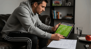 ソファに座り、タブレットでプロの試合を見ながら、真剣な表情で戦術を分析している選手の写真。