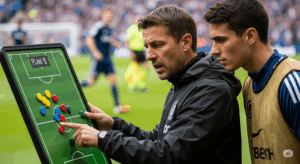 監督が、試合中に戦術ボードを使い、選手にプランBの指示を出している緊迫感のある写真。