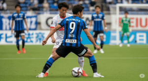 ブラウブリッツ秋田のFW選手が、相手DFを背負いながら力強くボールをキープし、攻撃の起点となっている写真。