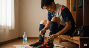 練習後、日本人選手が愛情を込めて自分のサッカースパイクを手入れしている、温かみのある写真。