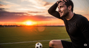 自主練を終え、汗をぬぐいながらも、どこか自信に満ちた表情で夕日を眺めるサッカー選手の写真。