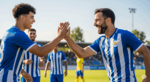 週末サッカーの試合で、年齢の異なるチームメイトと笑顔でハイタッチを交わす30代選手の写真。