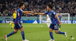 一本のスルーパスからゴールが決まり、パスの出し手と受け手の日本人選手が笑顔で指を差し合って喜びを分かち合っている写真。