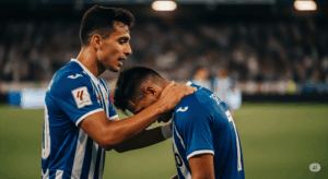 サッカーの試合中、ミスをした選手に対して、別の選手が肩を組んで励ましているポジティブな写真。