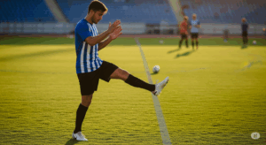 試合前のピッチで、サッカー選手が股関節の動的ストレッチを入念に行っている様子の写真。