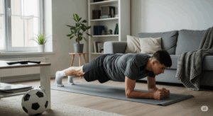 自宅のリビングで、サッカー選手がプランクをしている様子の写真。