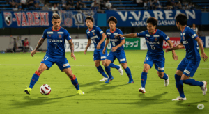 V・ファーレン長崎の強力な外国人選手がボールをキープし、周りの選手たちが連動して動き出している、個と組織が融合した瞬間の写真。