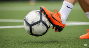 サッカー選手の足元で、ボールが吸い付くようにコントロールされている瞬間のクローズアップ写真。