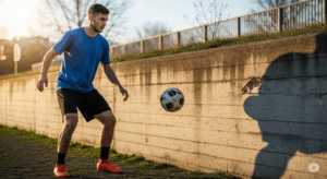公園の壁に向かって、一人の選手がパスとトラップの練習を繰り返している様子の写真。