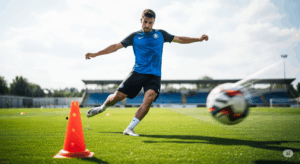 コーンを相手DFに見立て、ドリブルでかわしてシュートを打つ瞬間の、躍動感あふれる写真。