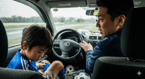 試合後、車の中で父親から厳しい表情でアドバイスを受け、浮かない顔をしているサッカー少年の写真。
