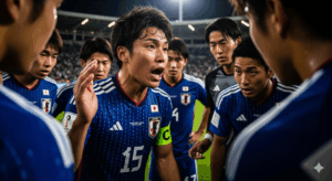 キャプテンマークを巻いた日本人選手が、試合中にチームメイトを集めて熱く鼓舞している写真。