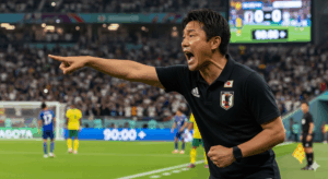 試合終了間際、監督が選手に緊迫した表情で指示を送る写真。