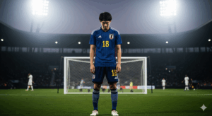 ゴール前で孤立してしまい、味方からのパスを待つしかない日本人フォワードの写真。