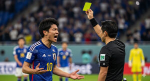 サッカーの試合中、審判に激しく抗議し、イエローカードを提示されている日本人選手の写真。