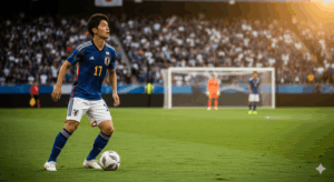 サイドでボールを持った日本人選手が、顔を上げてゴール前の状況を冷静に確認している写真。