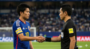 試合前の挨拶で、キャプテンマークを巻いた日本人選手が審判と固く握手をしている写真。