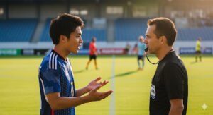 試合中に、日本人選手が審判に対して、敬意を払いながら冷静に判定について質問している写真。