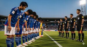 試合後、日本人選手たちが審判団に一列に並んでお辞儀をし、感謝を伝えている写真。