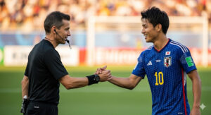 試合後、健闘を称え合い、笑顔で握手する日本人選手と審判の写真。