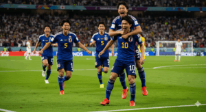 質の高いクロスボールでチャンスを演出し、チームメイトと喜びを分かち合う日本人選手の写真。