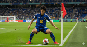 リードしているチームの日本人選手が、相手陣地のコーナーフラッグ付近でボールを賢くキープし、時間を稼いでいる写真。